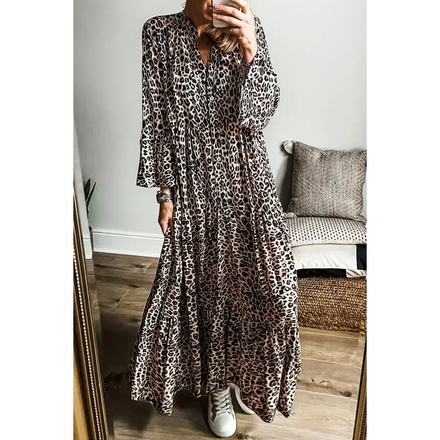 Leopard Notched Long Sleeve Maxi Dress