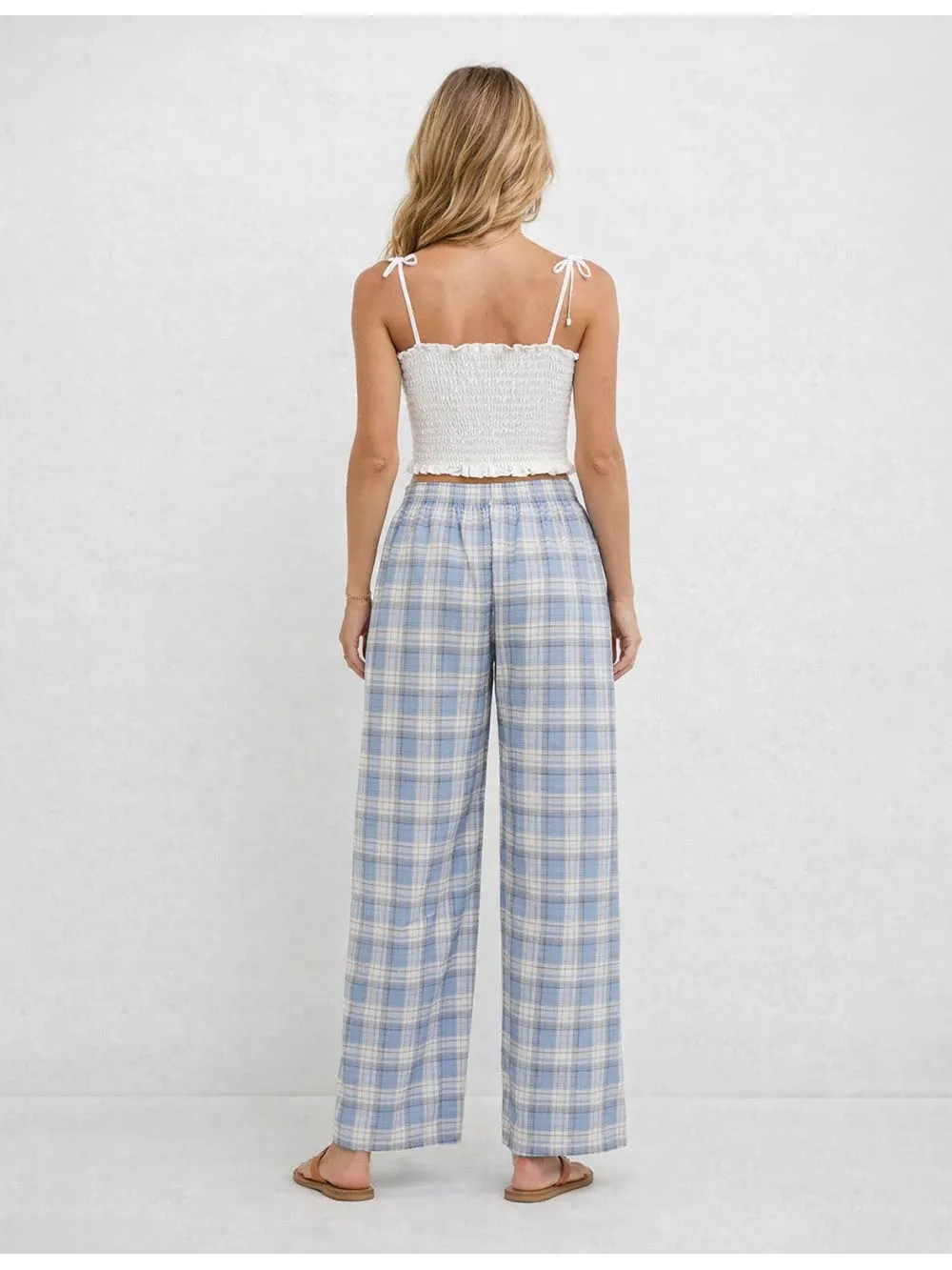 Checked Elastic Waist Drawstring Wide Leg Pants