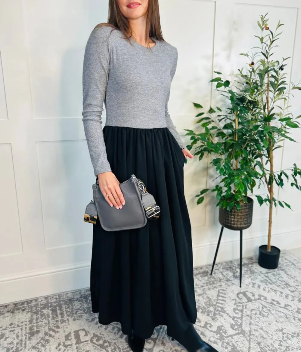 Grey Knitted Bodice Midi Dress