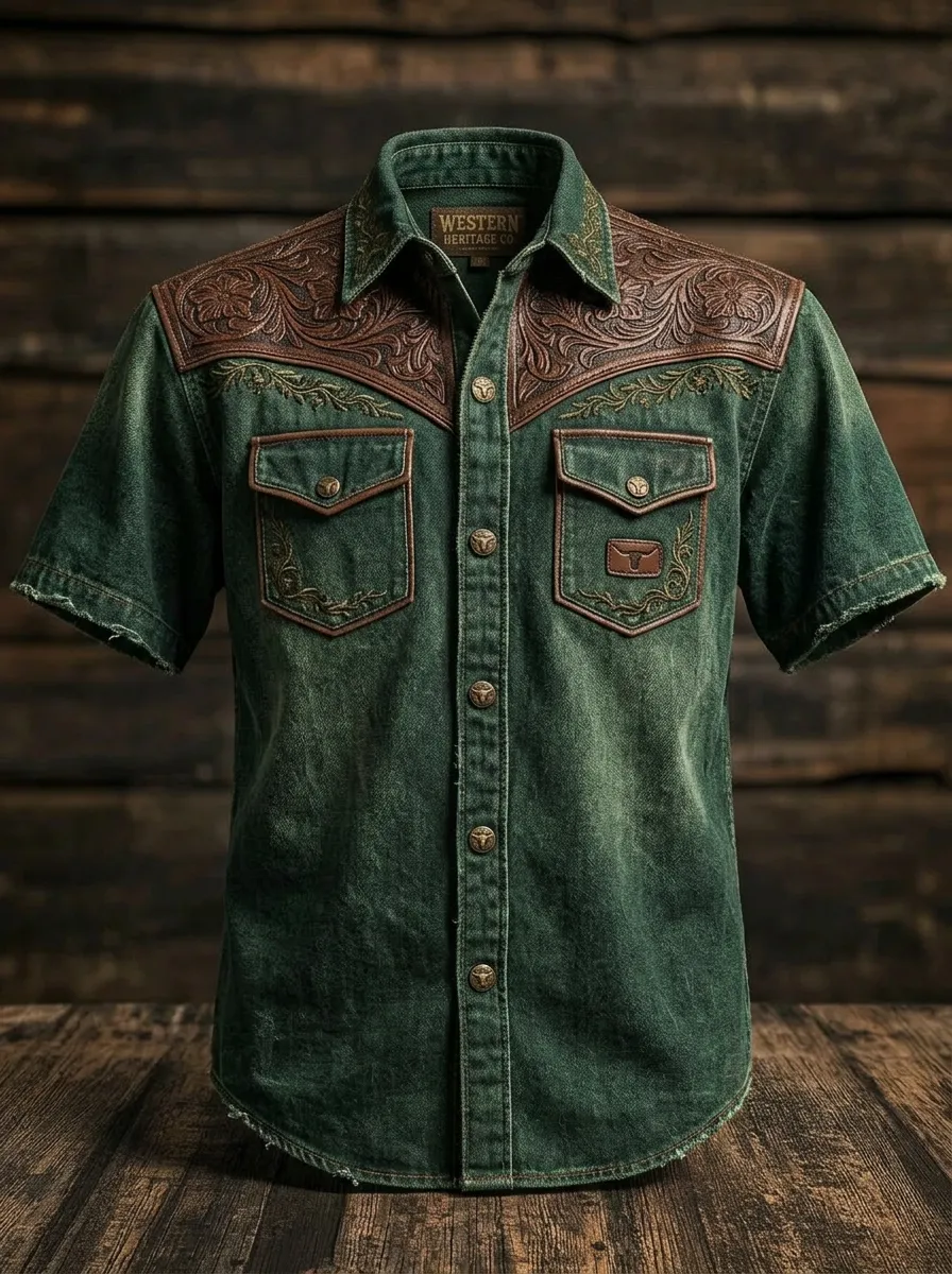 Men's Western Cowboy Floral Leather Yoke Printed Shirt