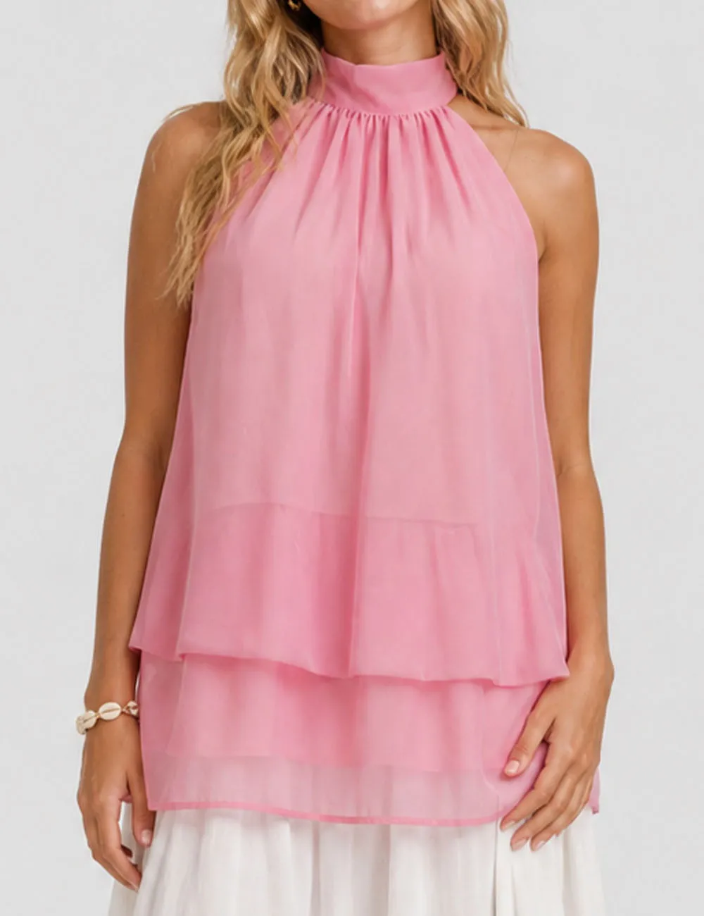 Chiffon Stand Neck Solid Color Ruffle Hem Sleeveless Top