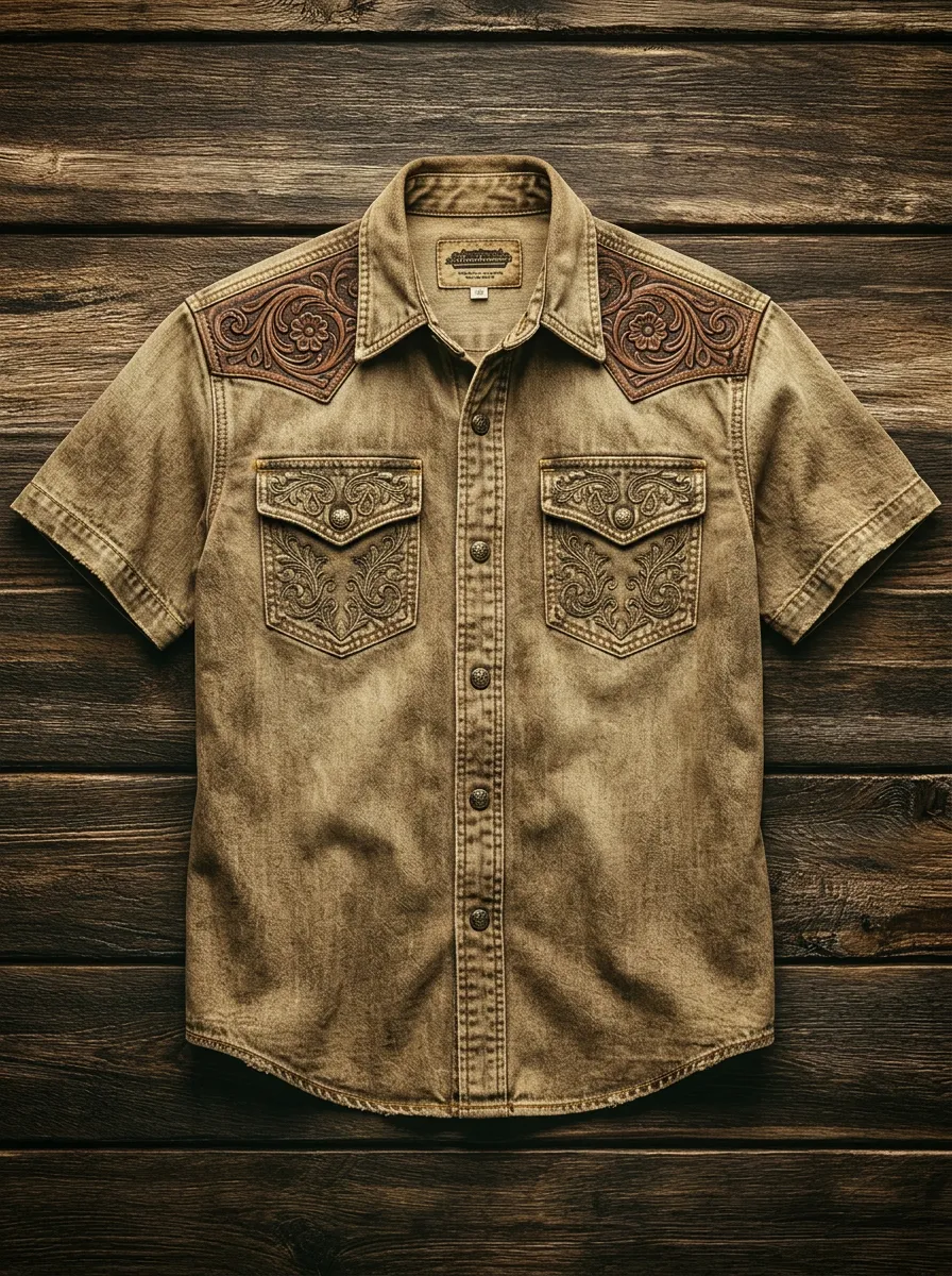 Men's Western Style Floral Tooled Leather Pattern Printed Shirt