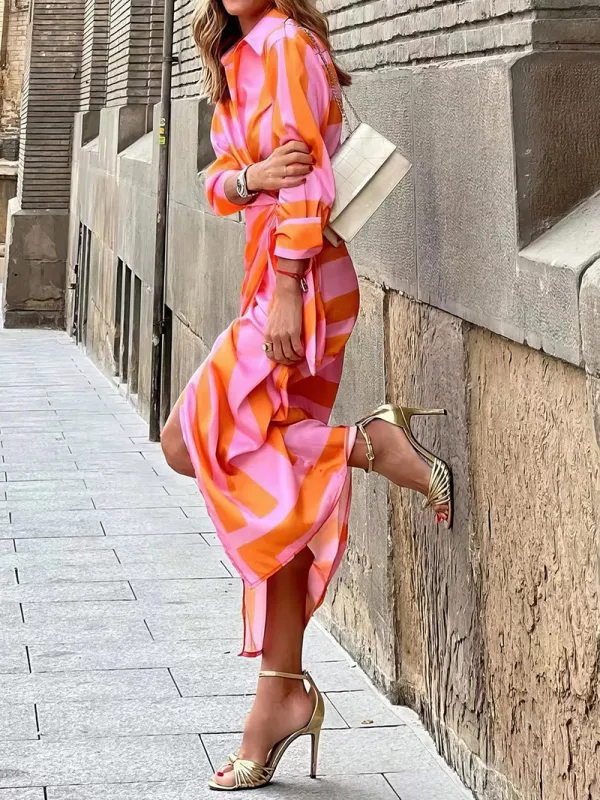 Women's Striped Print Belted Long Sleeve Dress