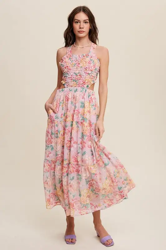 Floral Bubble Textured Two-Piece Style Maxi Dress