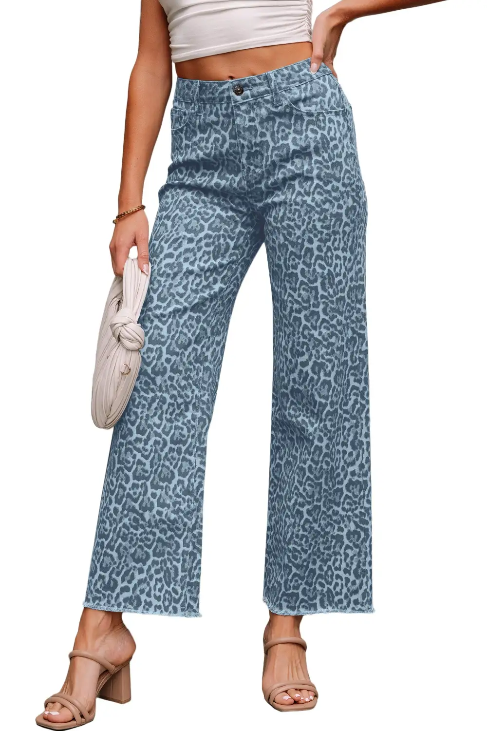 Relaxed Wide Leg High Waist Frayed Leopard Jeans