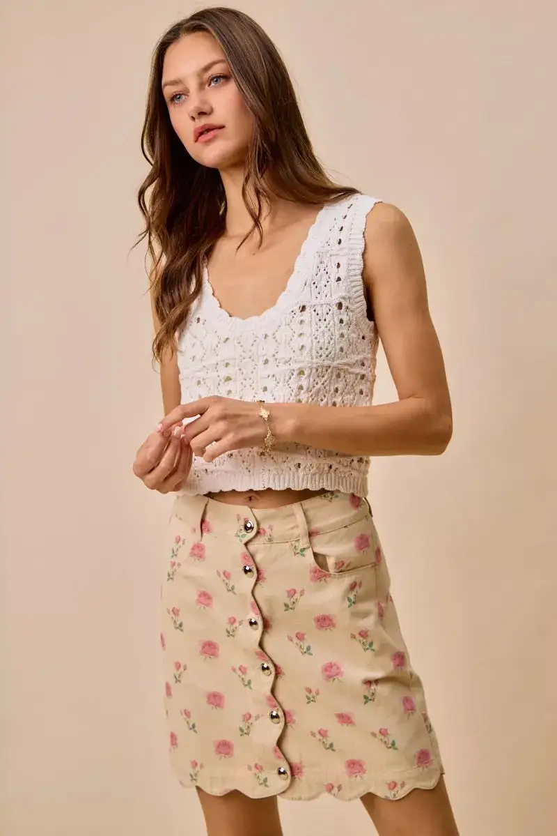 Button Front Cotton Blend Skirt
