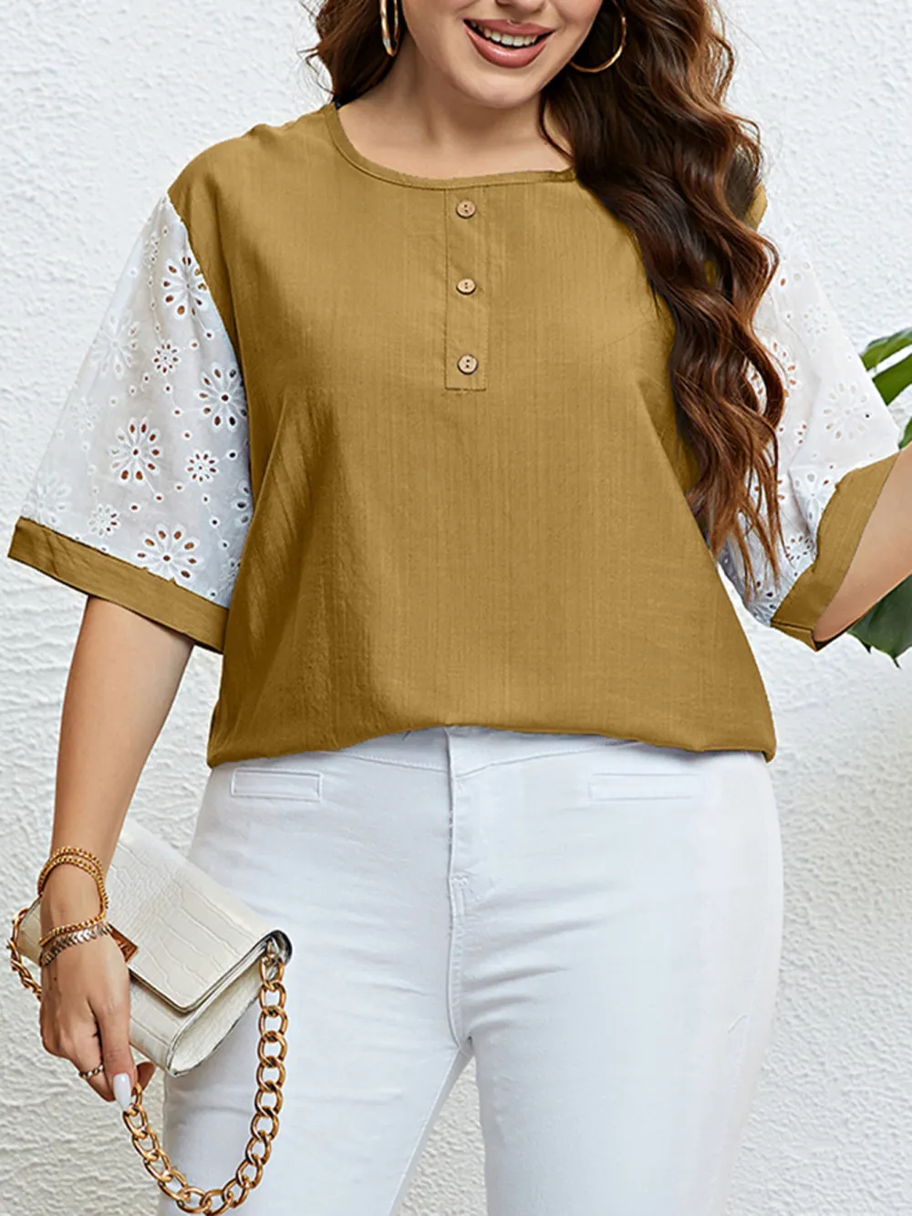 Women Casual Large Size Top With Patchwork Sleeves