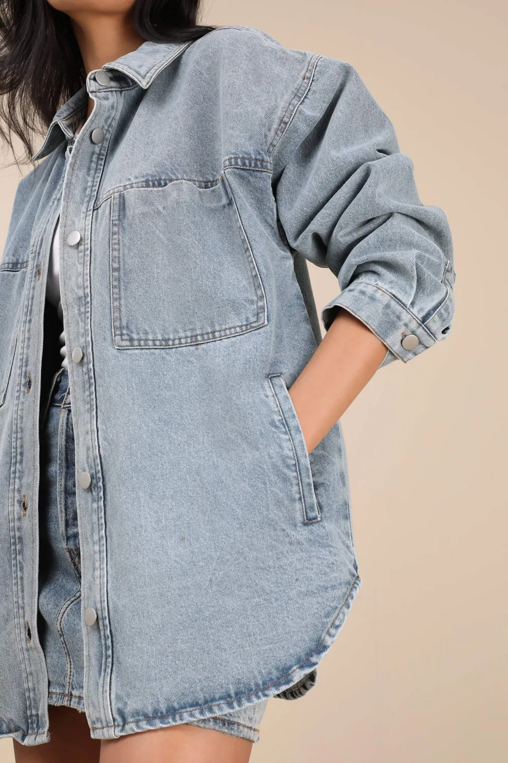 Casual Style Light Wash Denim Oversized Shacket