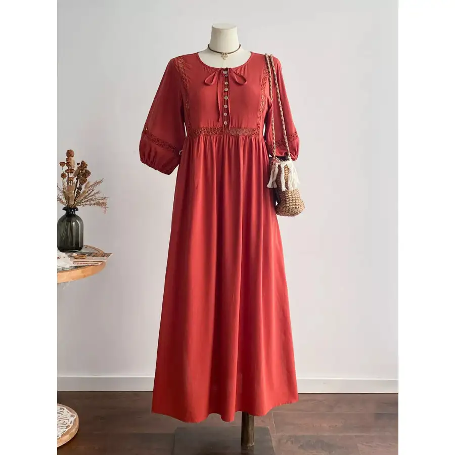 Plus Size Tie Neck Puff Sleeve Midi Dress with Lace Trim