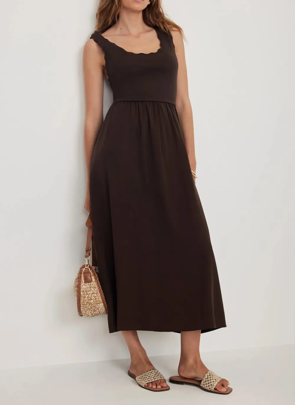 Casual Style Scallop Trim Midi Dress