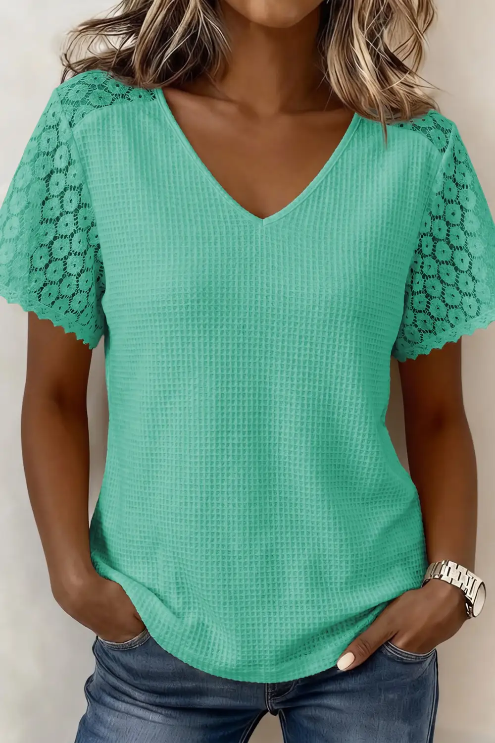 Mint Green Lace Splicing Button Cutout V Neck Waffle Knit Blouse