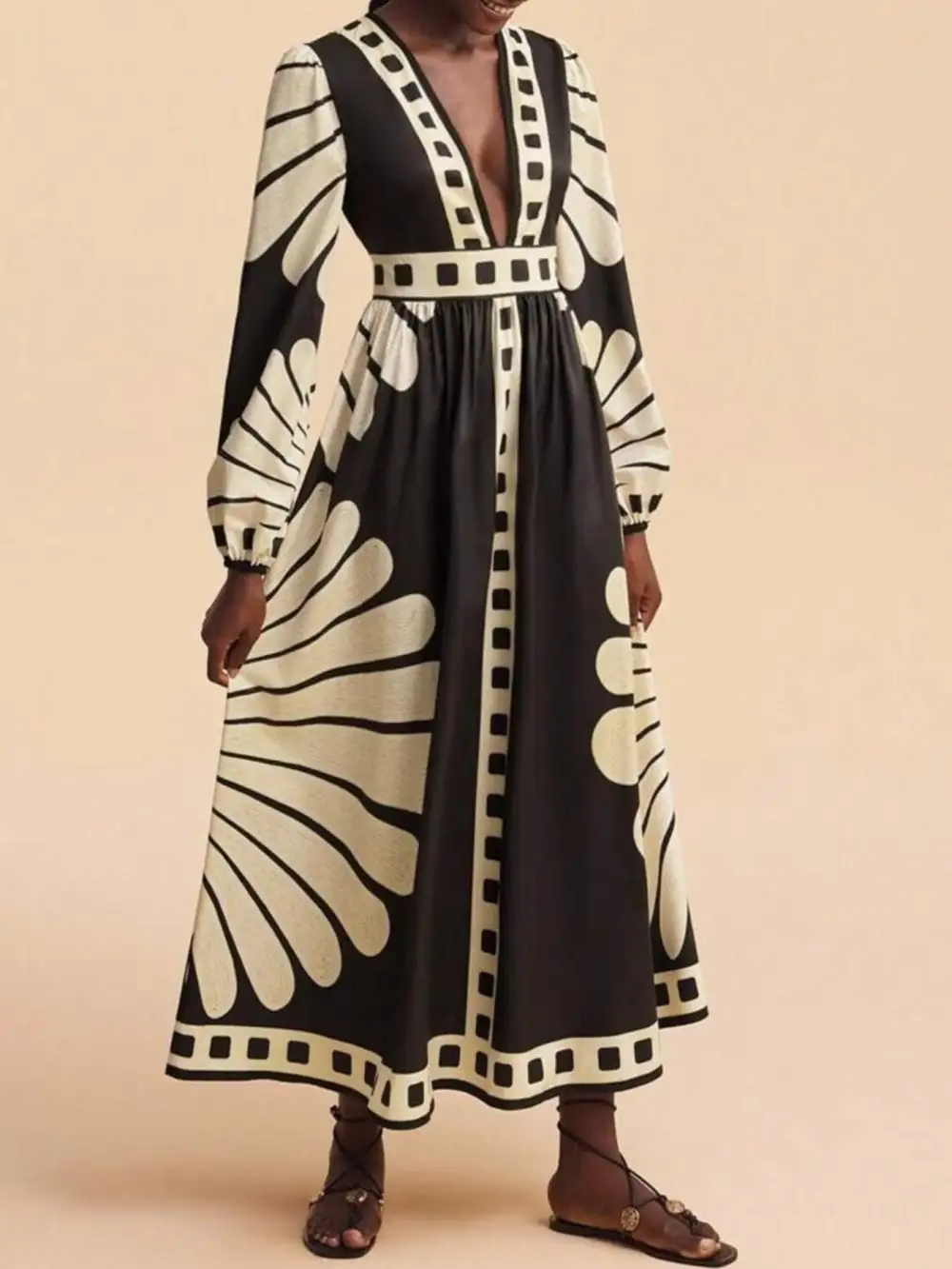 Printed V Neck Long Sleeve Dress Casual