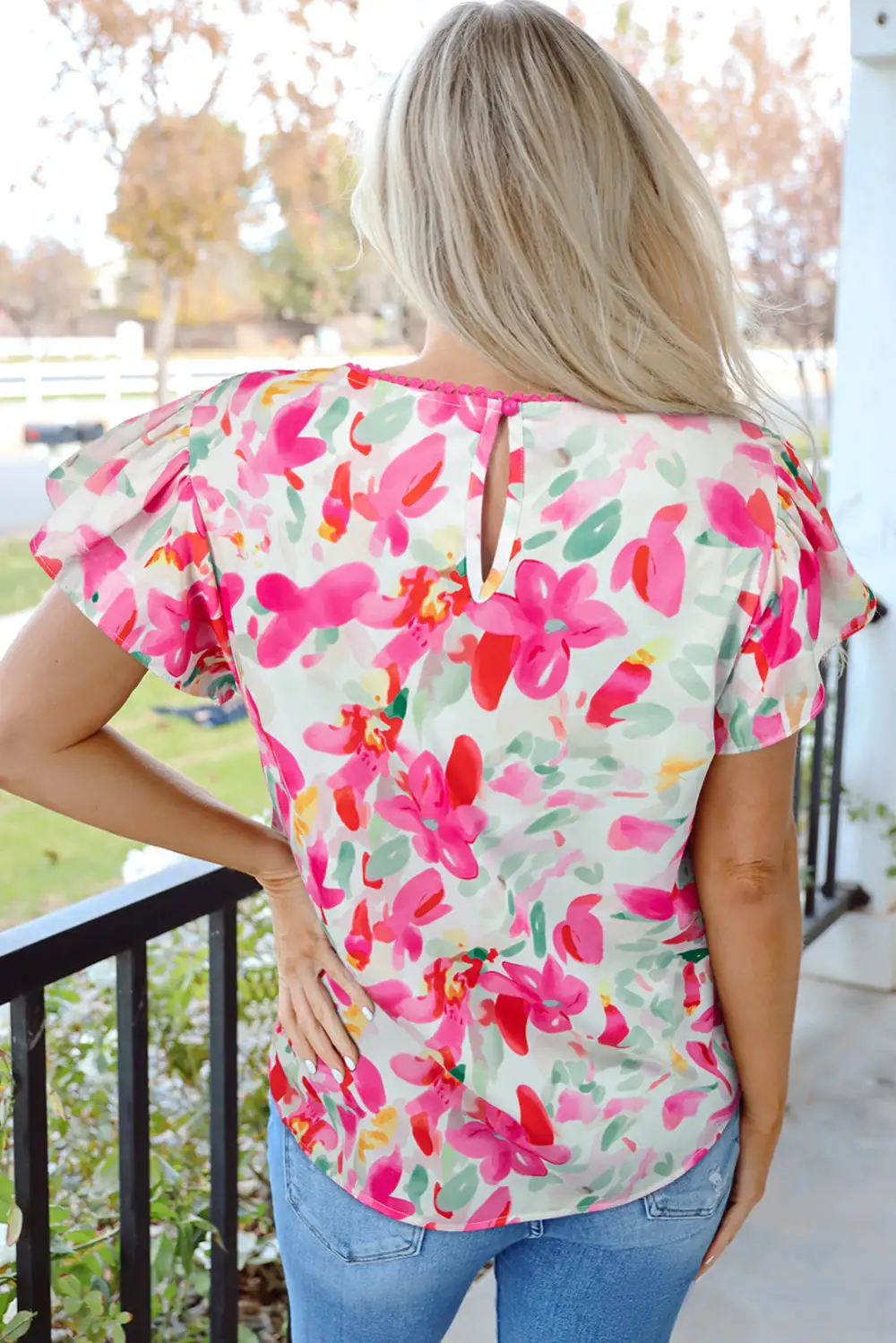 Modern Floral Flutter Sleeve Blouse
