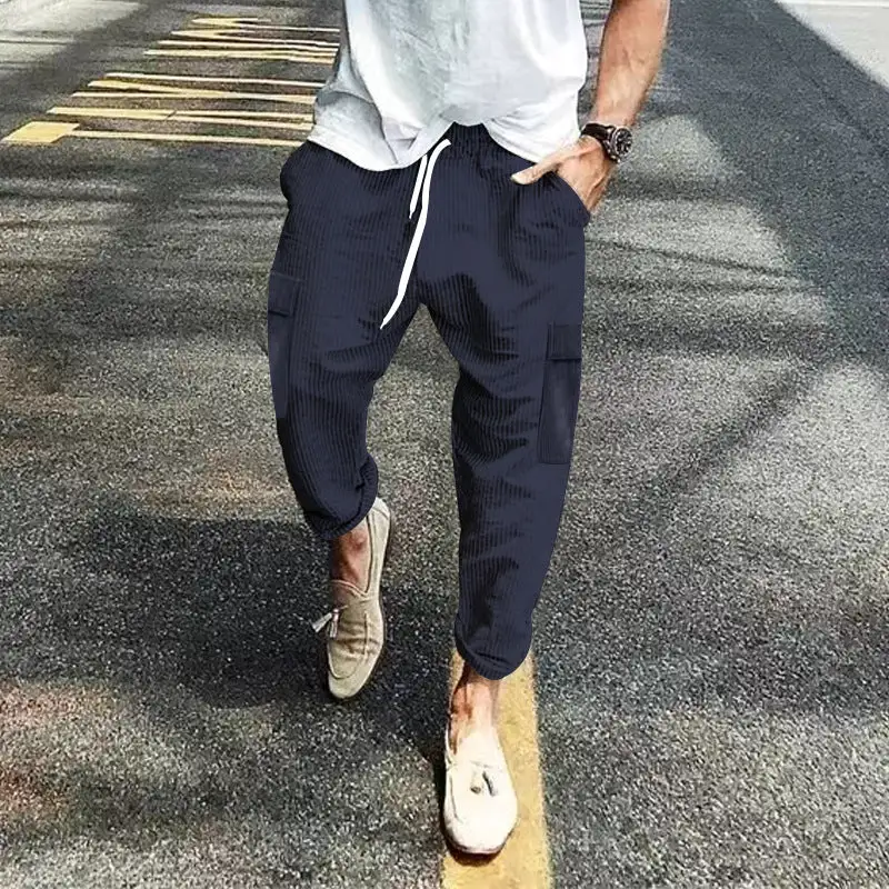 Men's Corduroy Cargo Pants Waistband Pockets Leg Cargo Pants