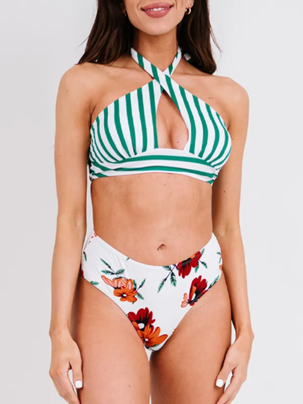 Striped Sexy Neck Split Swimsuit