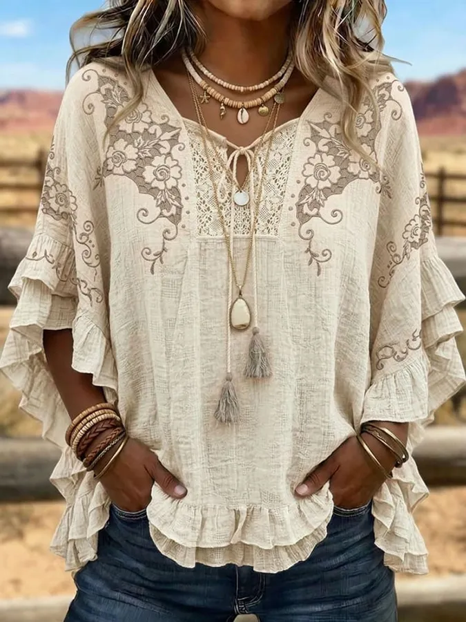 Vintage Print Patchwork Hollow Design Cotton And Linen Shirt