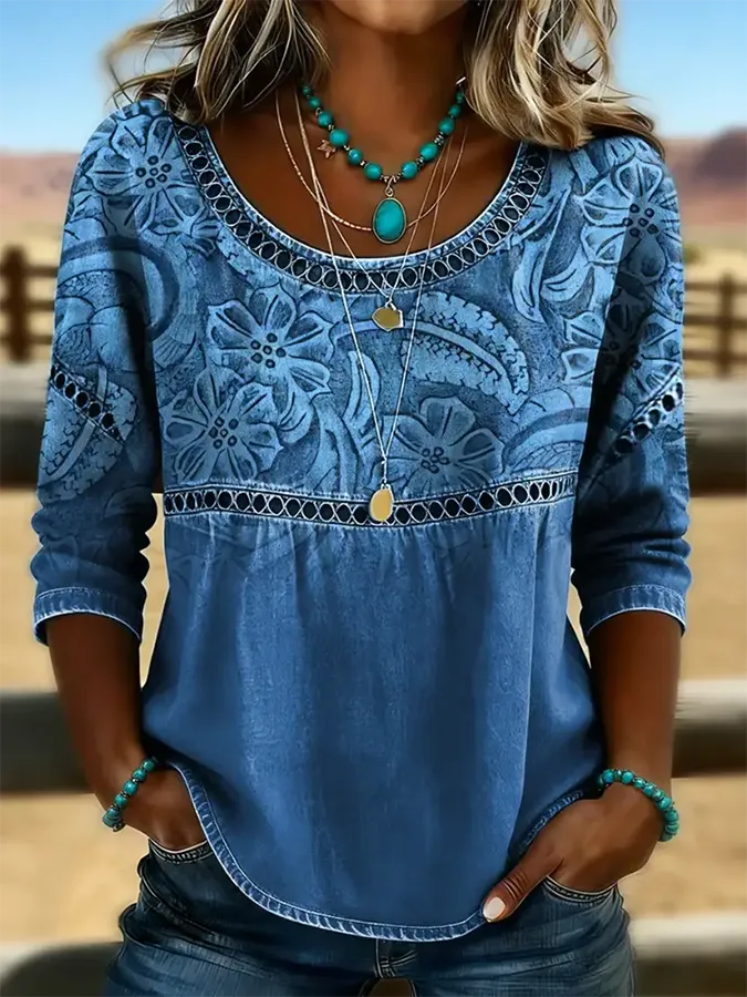 Retro Floral Print Casual Hollow Denim Shirt