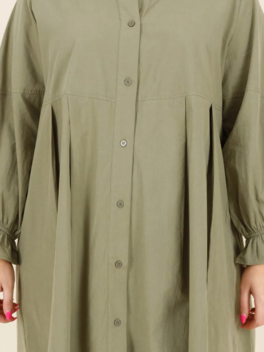 Green Pleated Button Loose Fitting Shirt