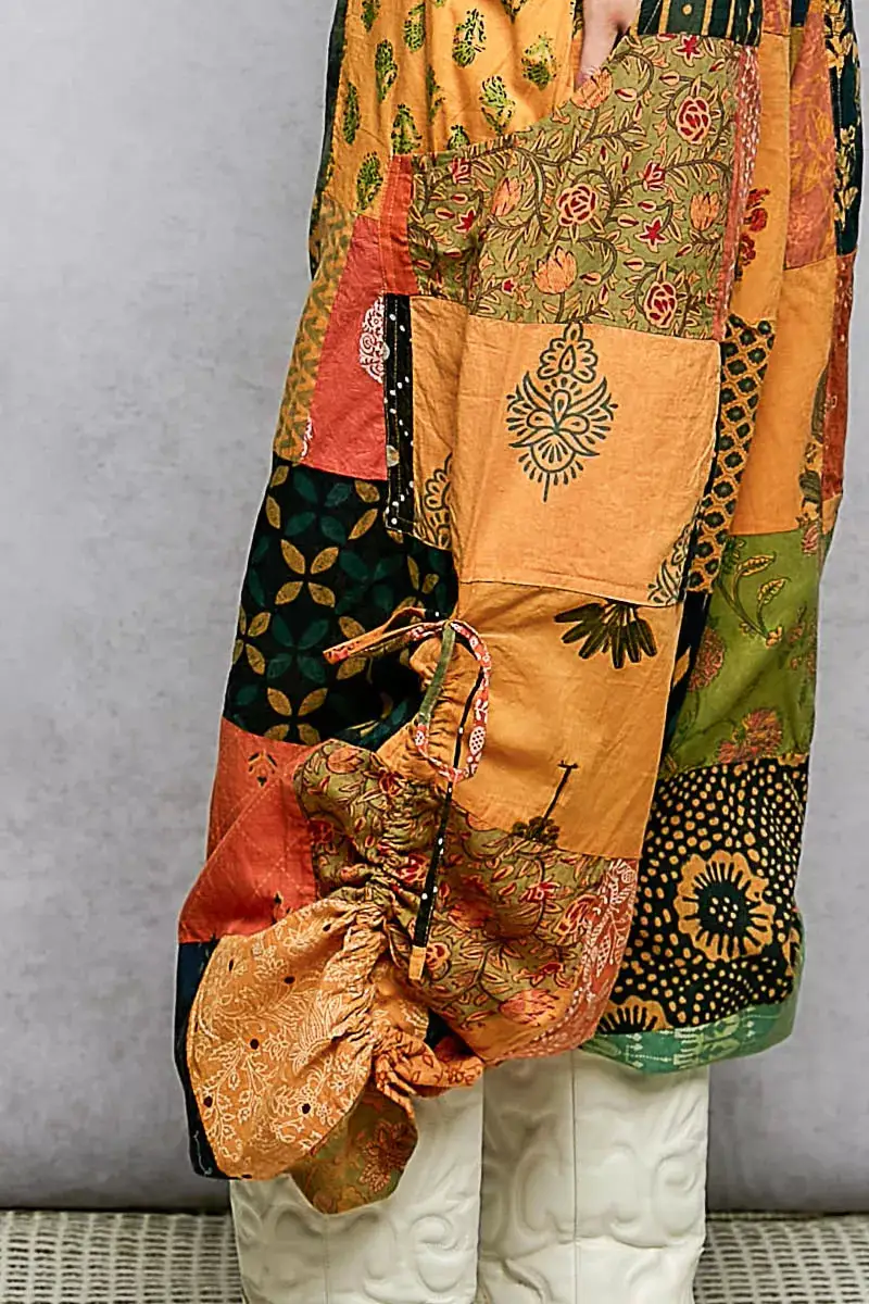 Printed Patchwork Wide Leg Pants with Adjustable Side Drawstring