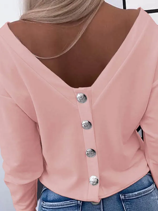 Long Sleeve Relaxed Button Detail Round Neck T-Shirt