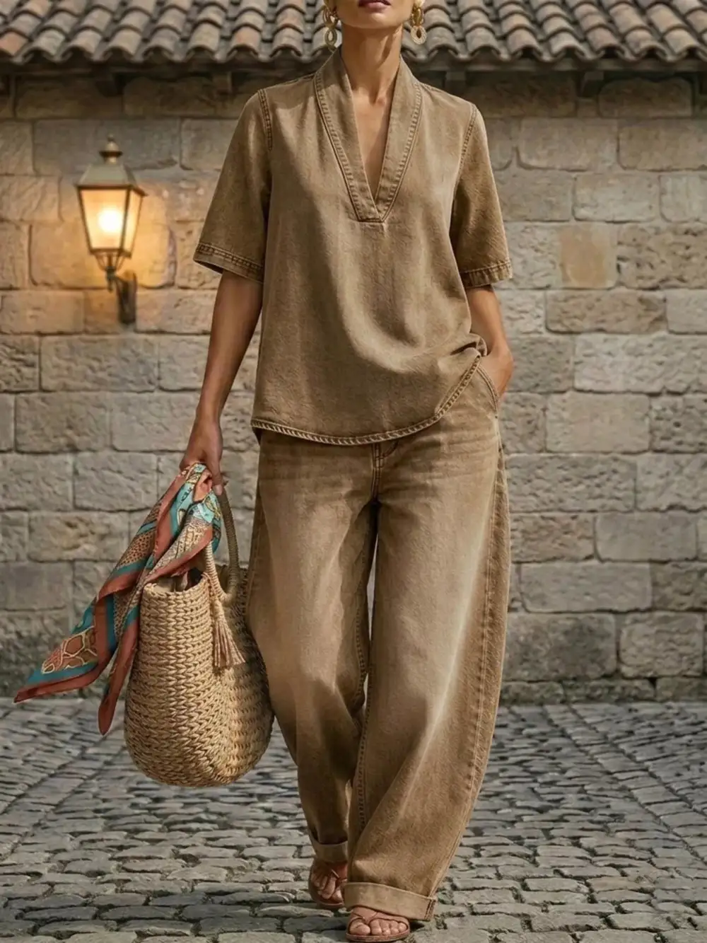 Half Sleeve Top and Wide Leg Pants Set