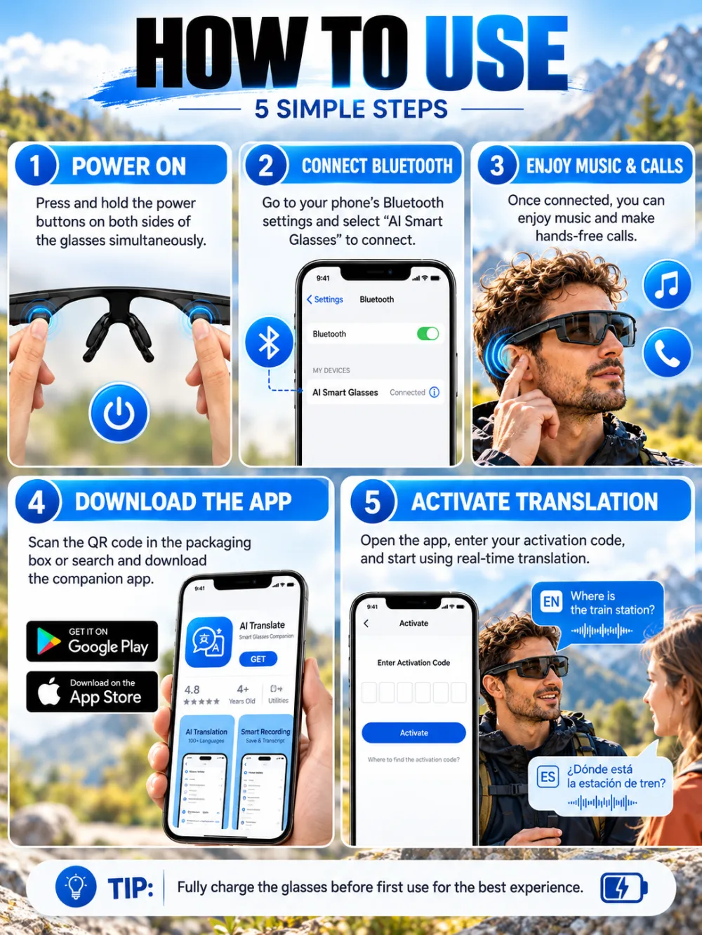 AI Smart Translation Bluetooth Sports Windproof Glasses with Photochromic Lenses, Hands-Free Calling, AI Translation, UV400 Protection, Lightweight, Voice Assistant for Cycling and Warehouse Work
