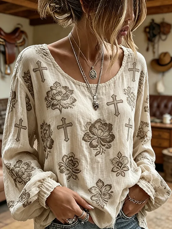Women's Cross Floral Print Western Long Sleeve Blouse
