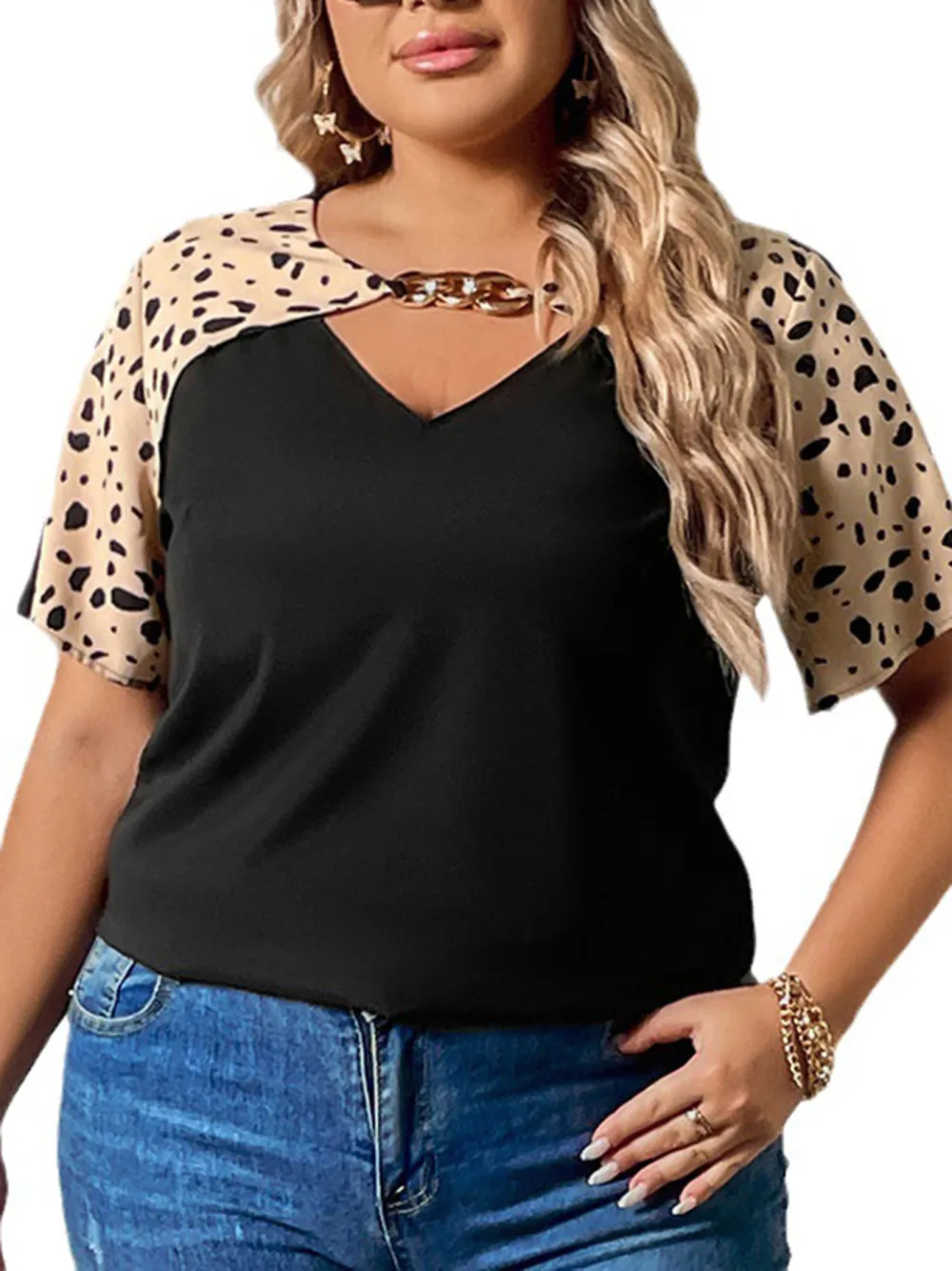 Irregular Neckline Loose Plus Size Short Sleeved Top For Women