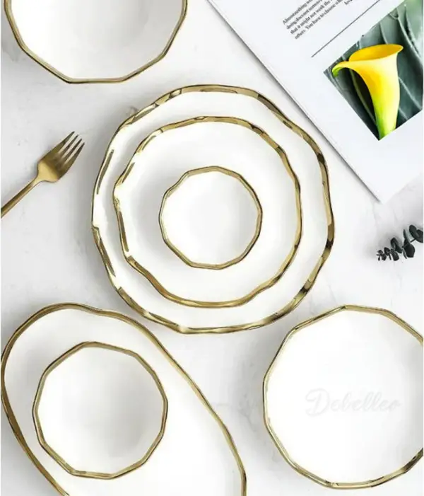 Ondata 4 Piece Dinner Plate Set Handmade Ceramic Hand Finished Gold Edges Modern Minimalist Vintage Nordic Vintage Nordic Party Tableware