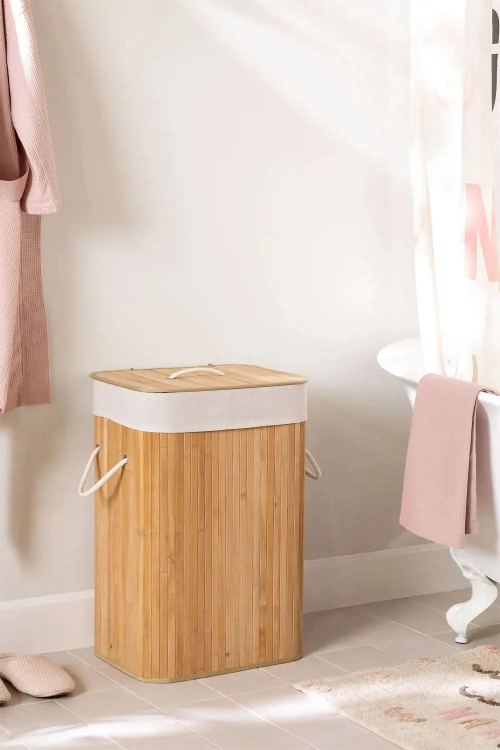 Foldable Bamboo Laundry Basket Rectangle Light