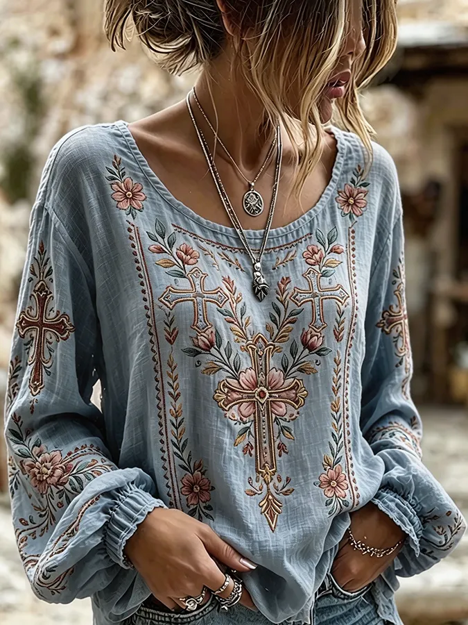 Women's Cross Floral Embroidered Western Long Sleeve Blouse