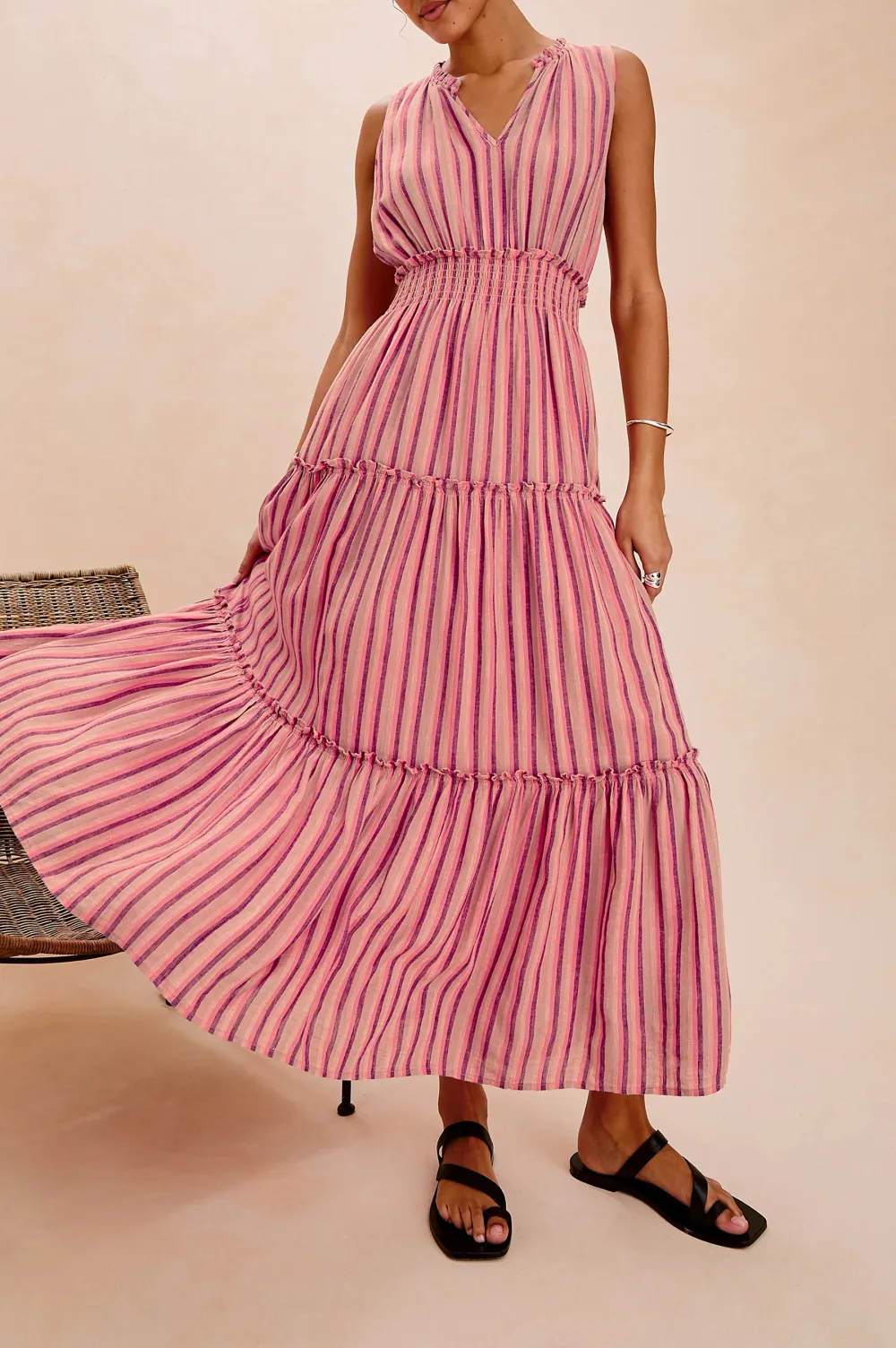 Cotton And Linen Blended Striped Dress
