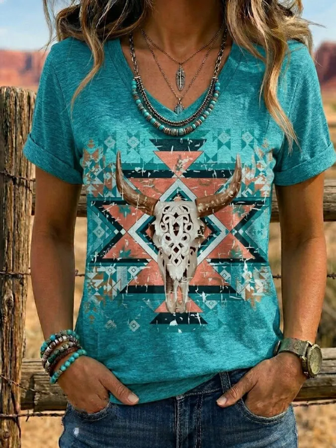 Women'S Retro Western Print V-neck T-shirt