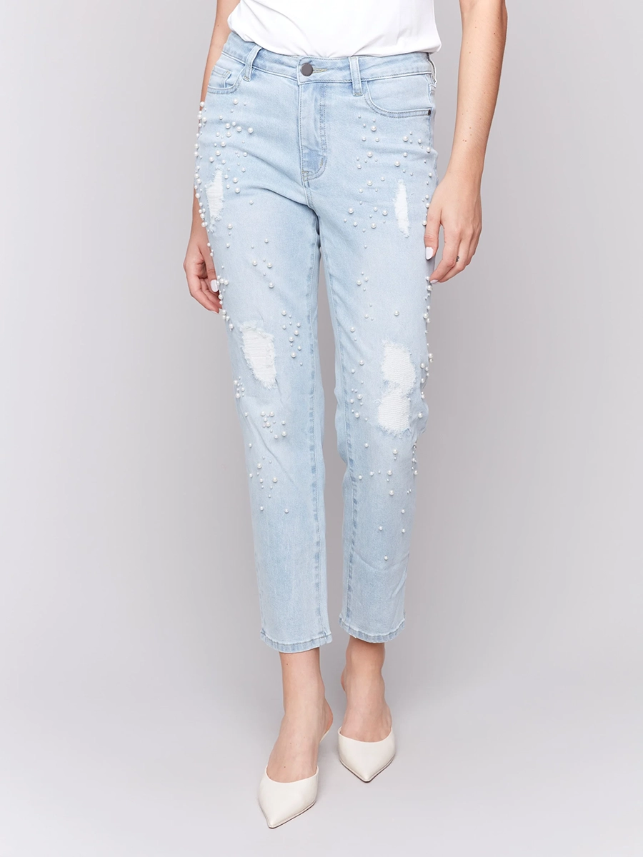 Creative Pearl Fashion Distressed Cotton Jeans