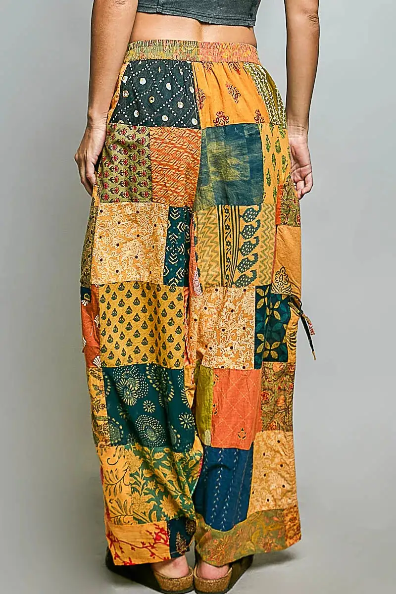 Printed Patchwork Wide Leg Pants with Adjustable Side Drawstring
