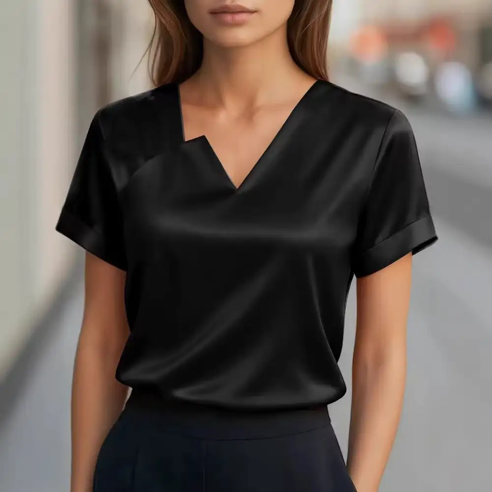 Asymmetric Satin V-Neck Shirt