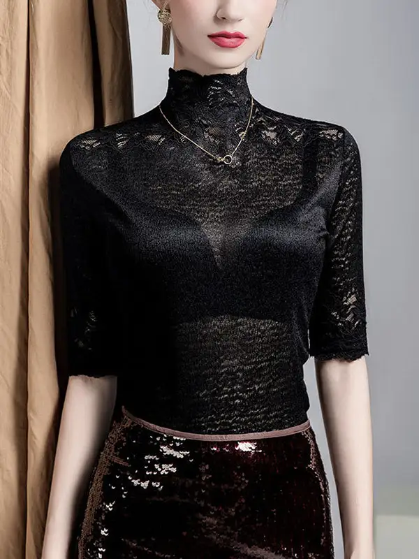 Layered Look Half Sleeve Slightly Sheer Panel Detail Textured High Neck T-Shirt