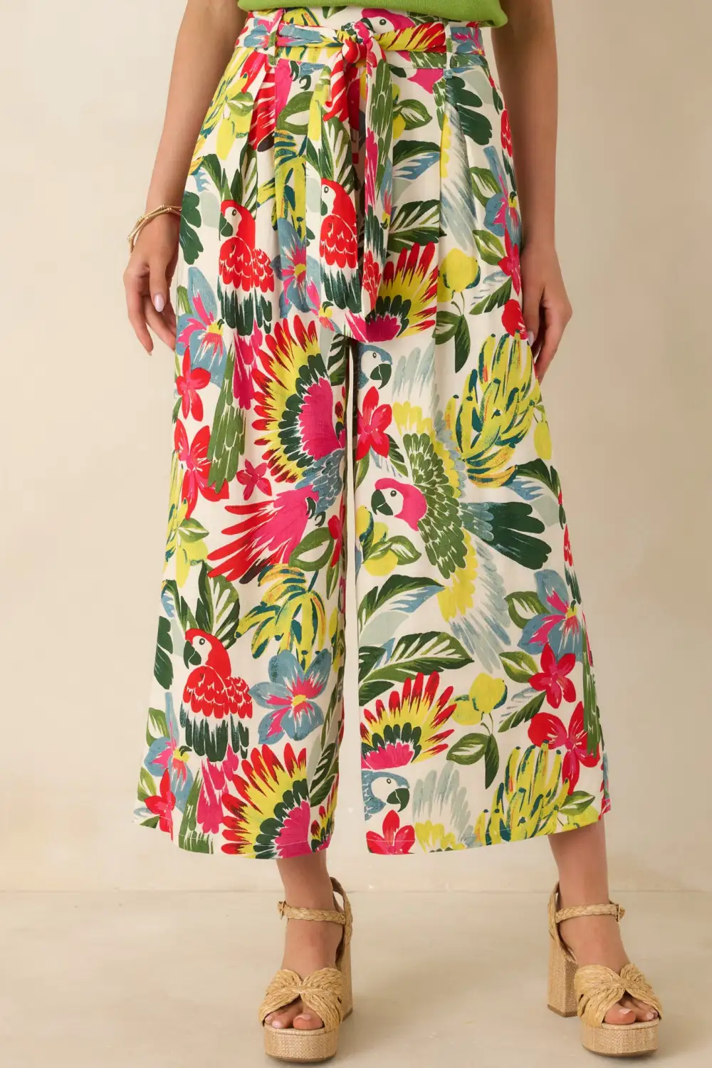Multicolor Parrot Print Belted Crop Pants