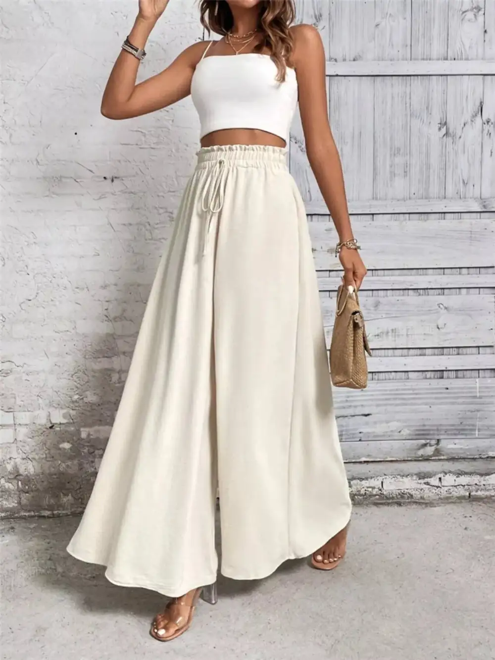 Wide Leg Drawstring Waist Casual Pants