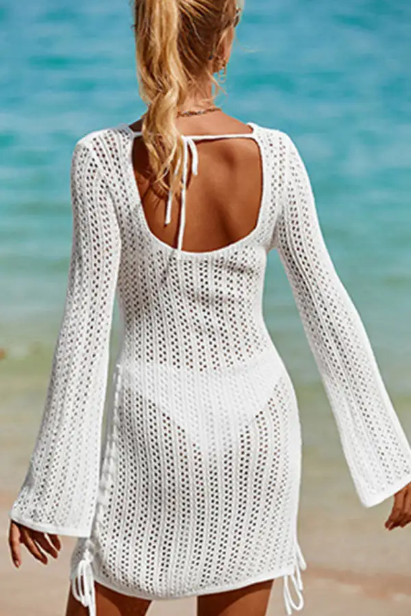 Crochet Long Sleeve Drawstring Dress Beach Cover-up