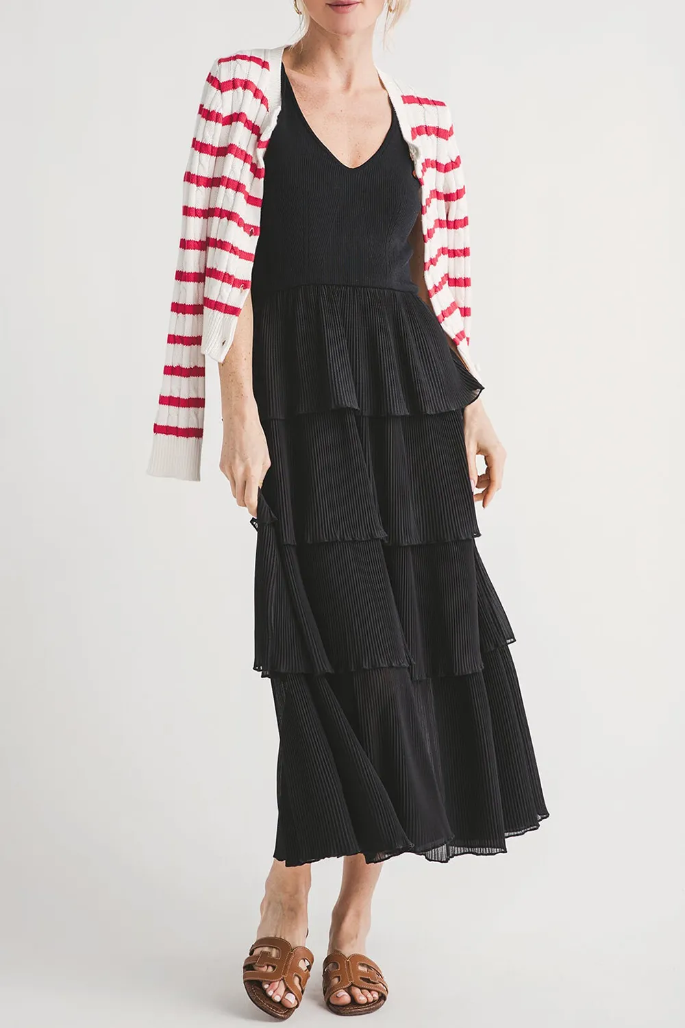 Merci Pleated Tiered Midi Dress - redorange