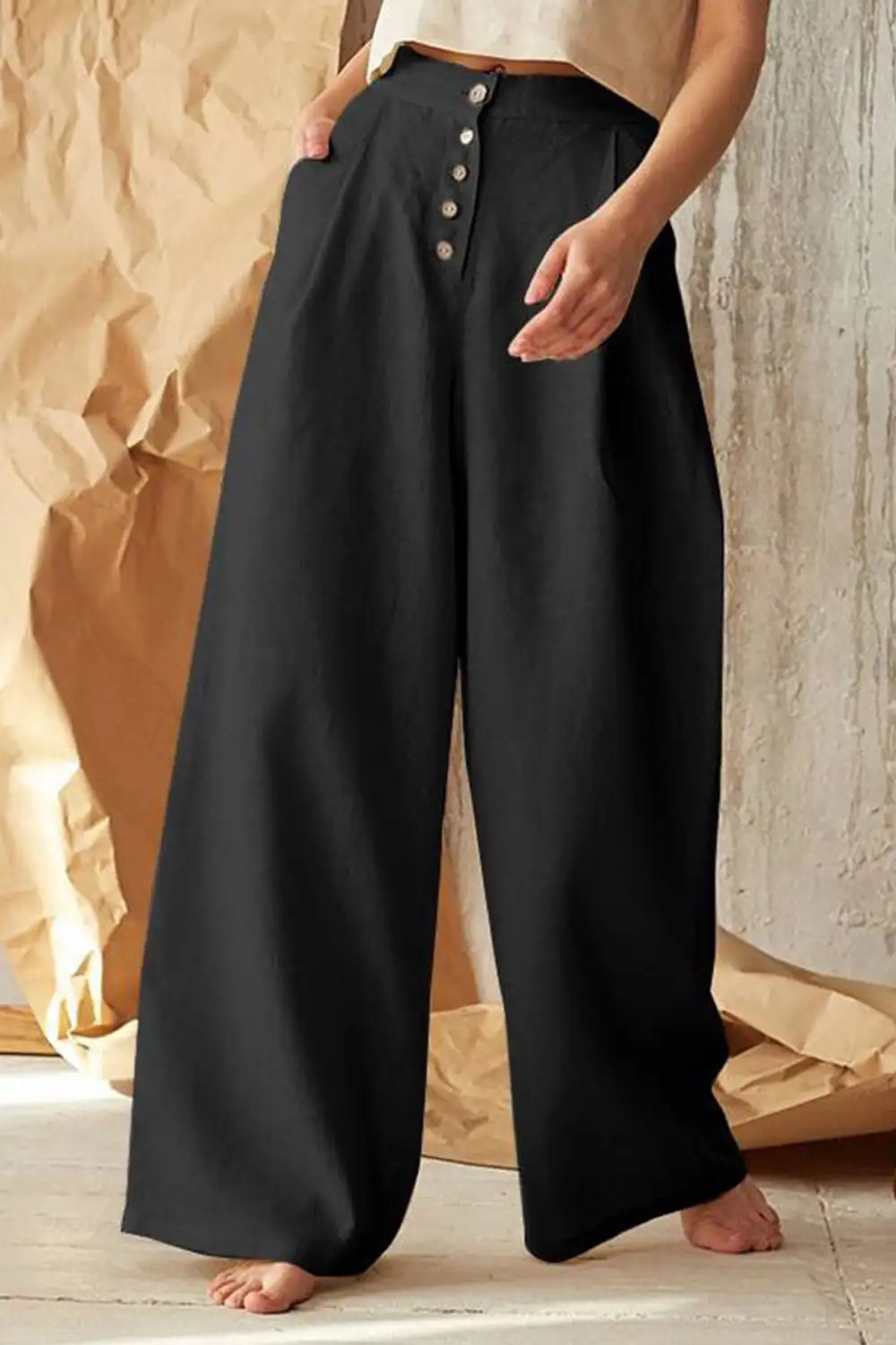 Button Front Wide Leg Pants