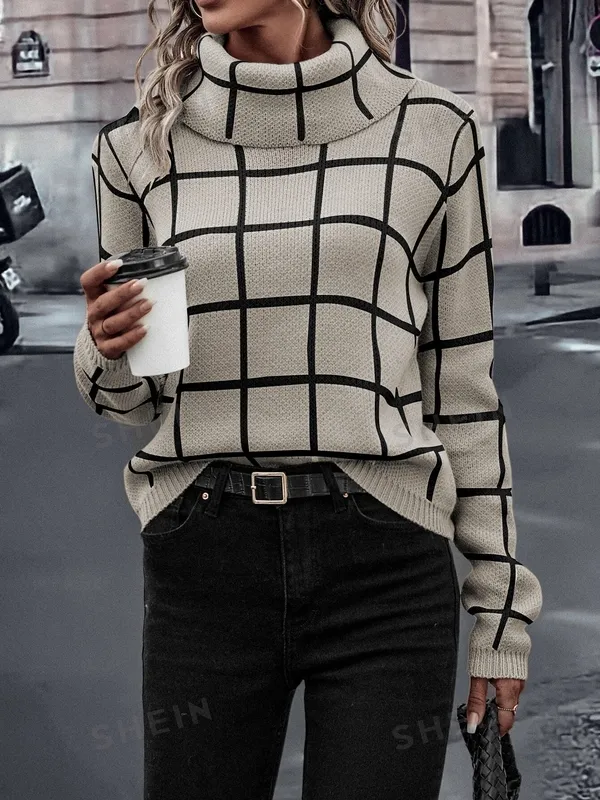 Women's Plaid High-Neck Long-Sleeve Knit Sweater