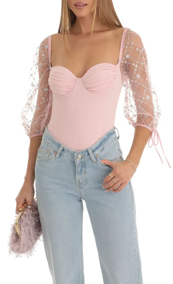 Sequin Puff Sleeve Bodysuit in Pink
