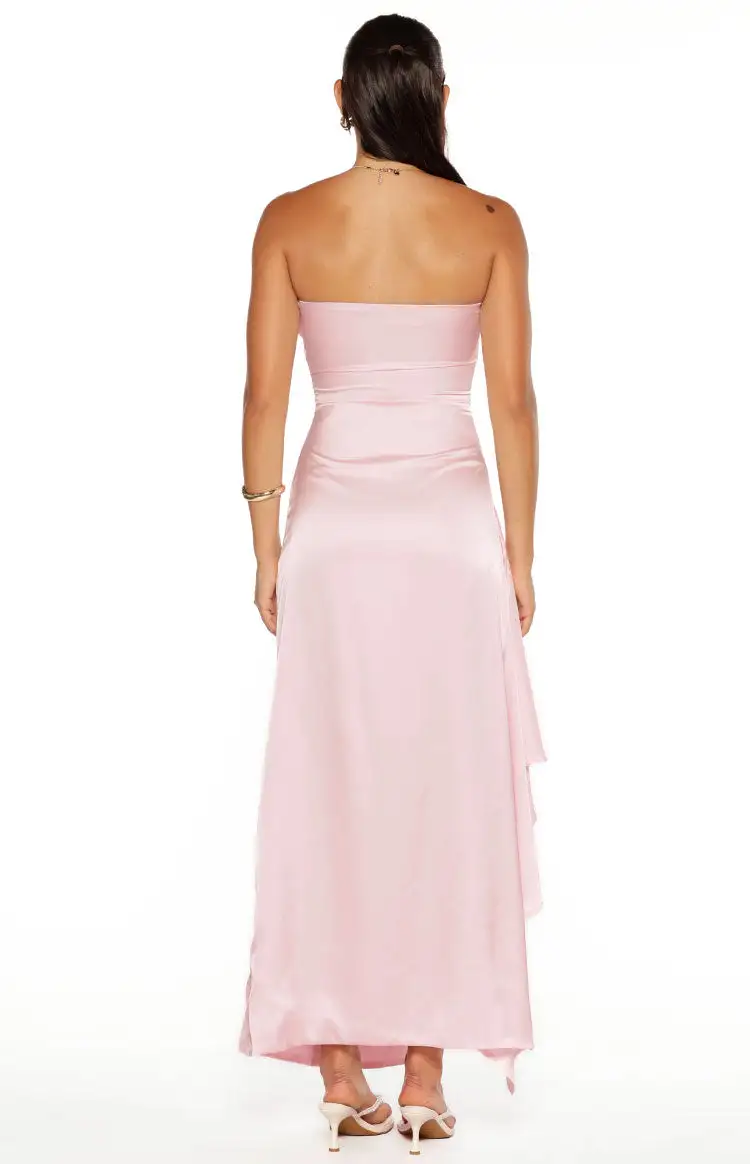 Satin Ruched Strapless Frills Maxi Dress
