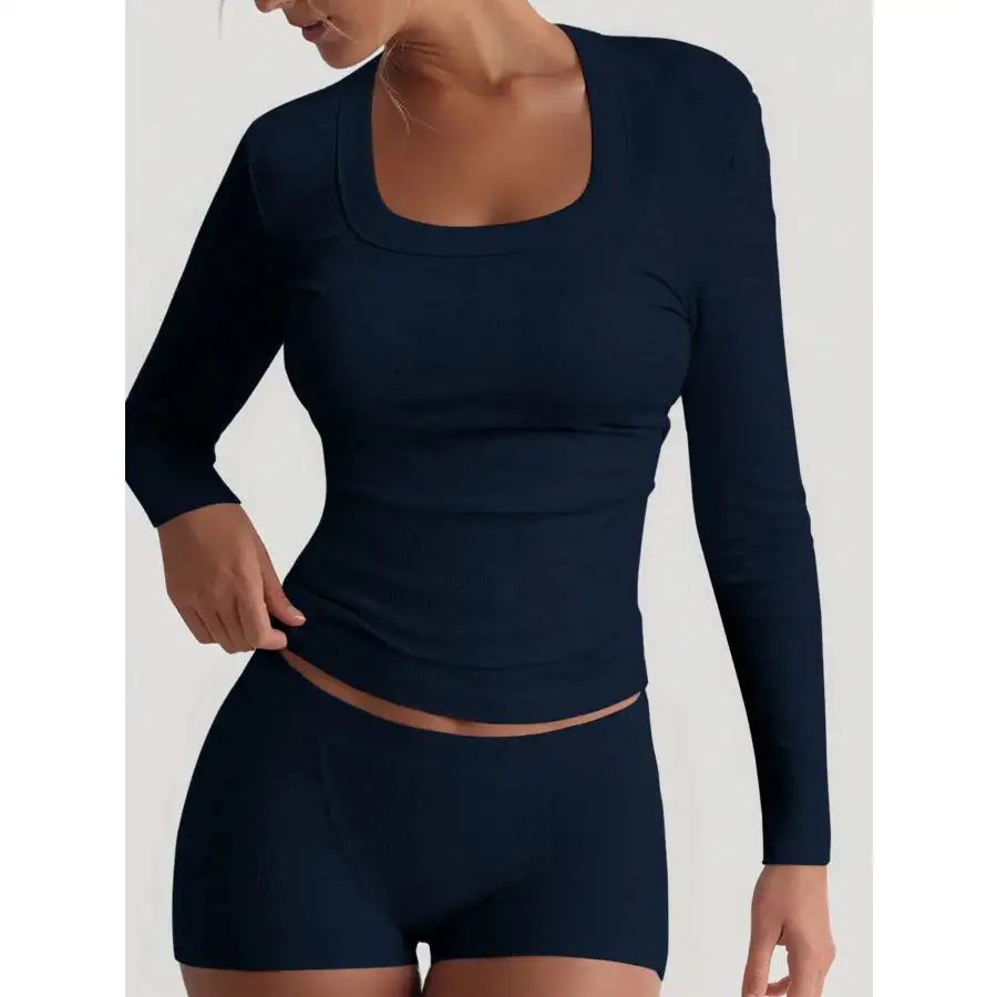 Square Neck Long Sleeve Top and Shorts Set