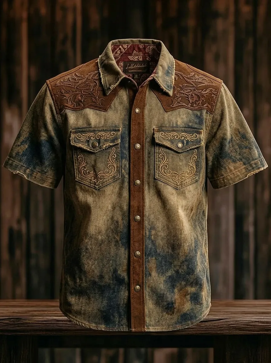 Men's Western Cowboy Embroidered Distressed Printed Shirt-2