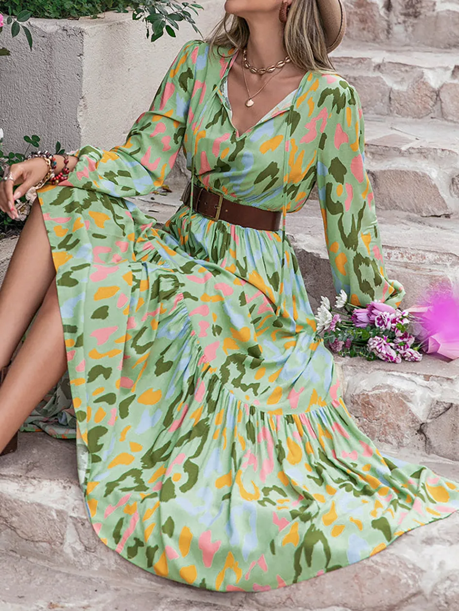 Printed Tie Neck Long Sleeve Maxi Dress