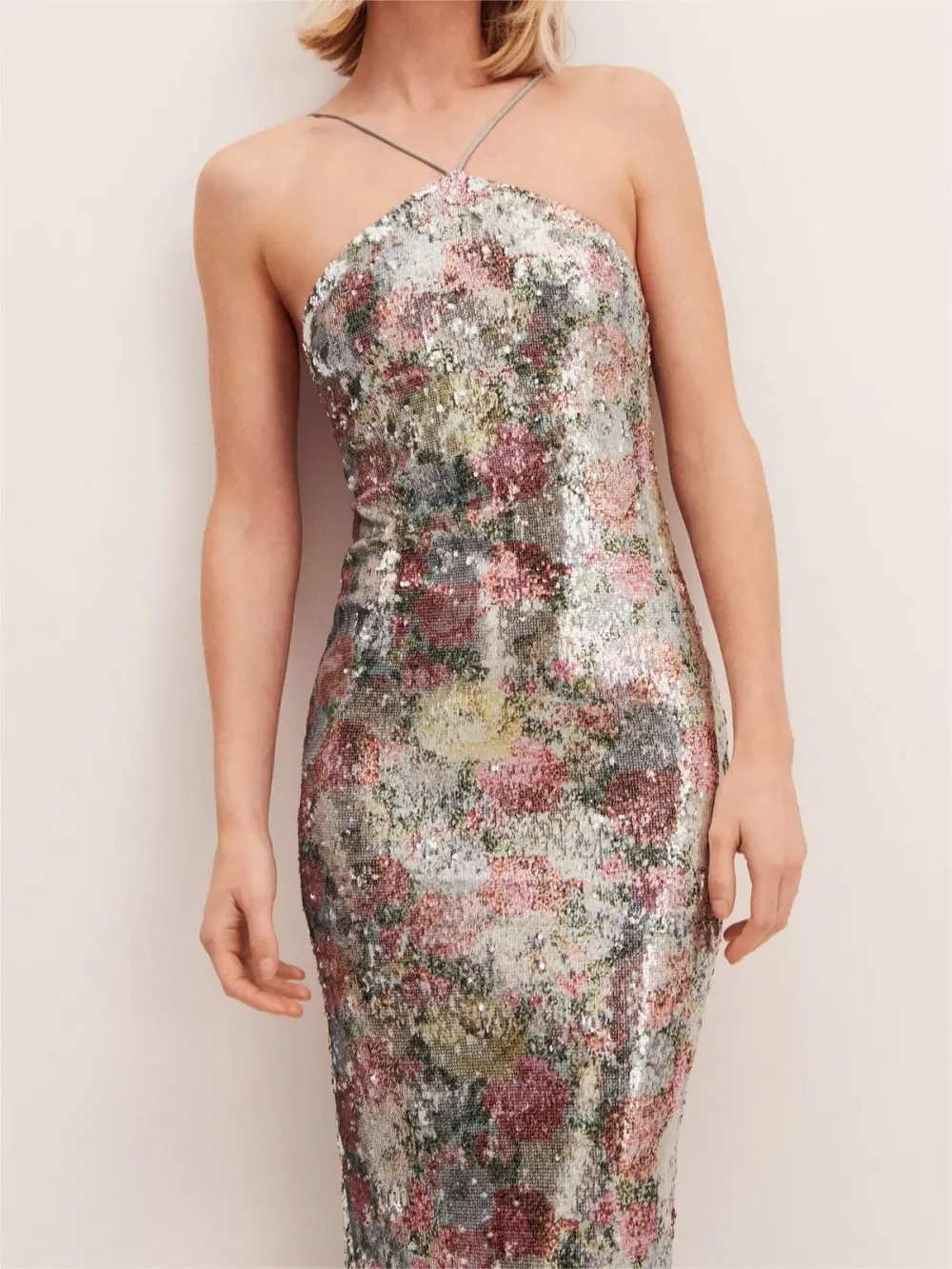 Sequinned halter-neck floral dress