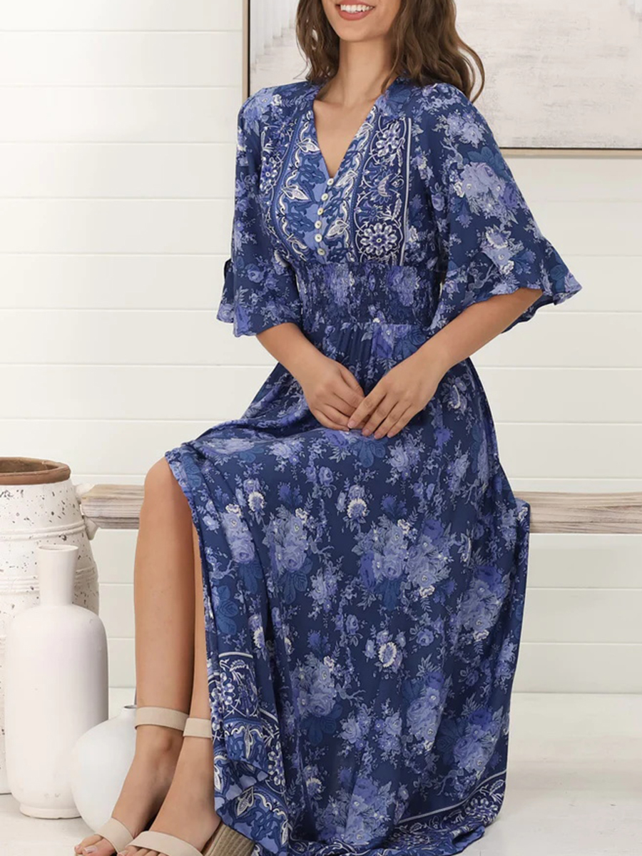 Short sleeve Bohemian slit print maxi dress